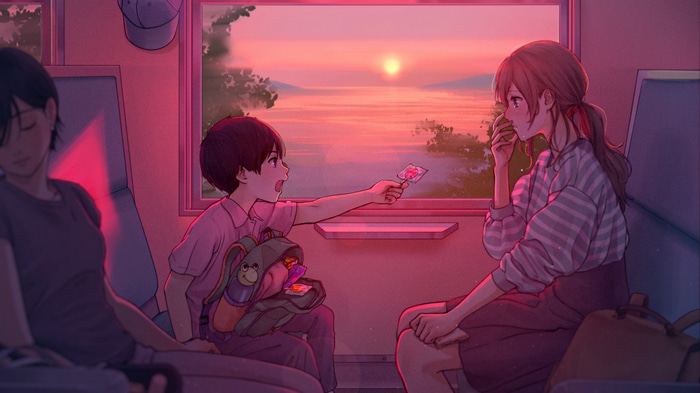 Anime children on a train at sunset