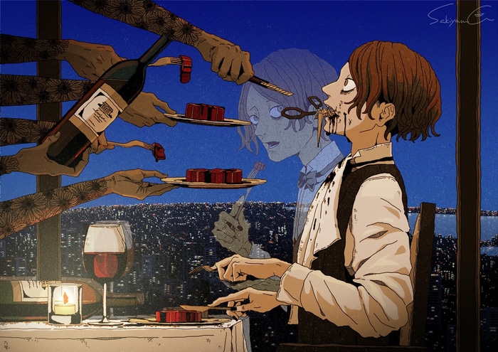 Sakiyama anime art of a man being fed meat with scissors
