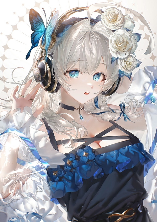 Anime girl with headphones and butterfly in hair