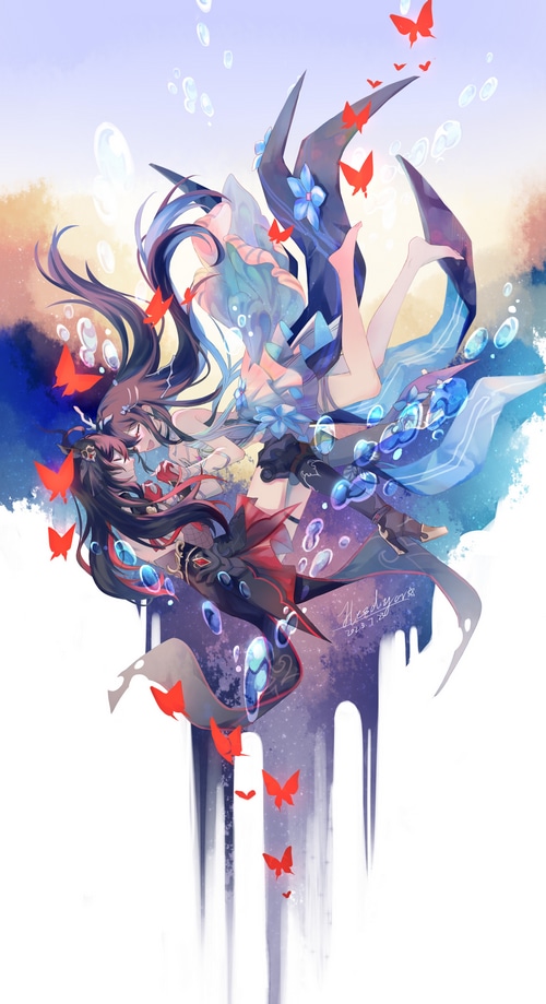 Two anime girls with butterflies and bubbles