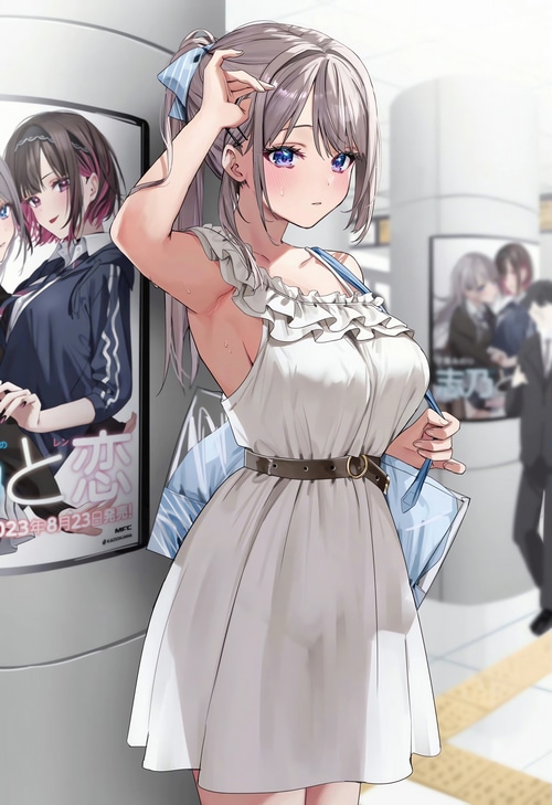Anime girl with blue eyes and a white dress
