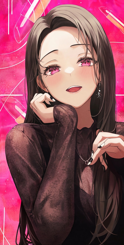 Anime girl with purple eyes and mole under eye