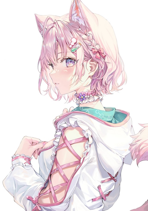 Pink-haired cat girl with multi-colored eyes