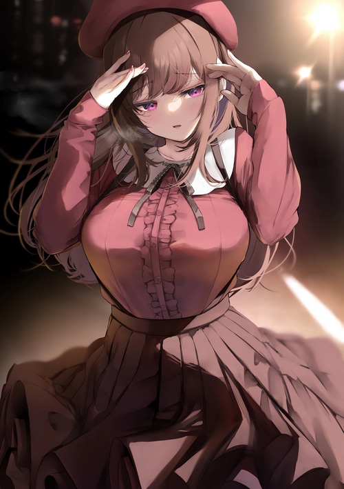 Girl with purple eyes in a pink dress