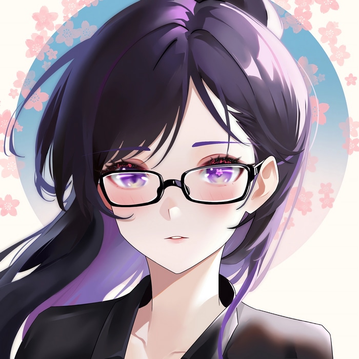 Anime girl with purple hair, purple eyes, and glasses