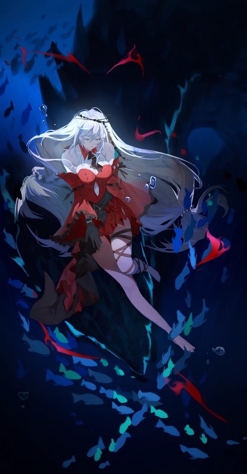 Skadi from Arknights in a red dress underwater