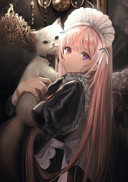 Maid with Pink Hair Holding a White Cat