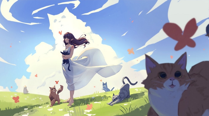 Girl in white dress with cats in a grassy field