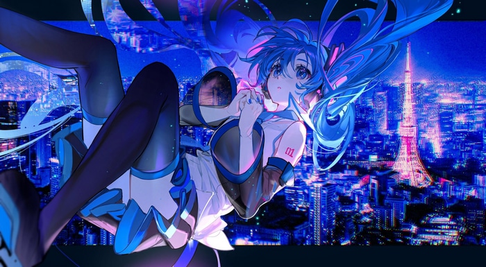 Hatsune Miku falling over a neon Tokyo cityscape