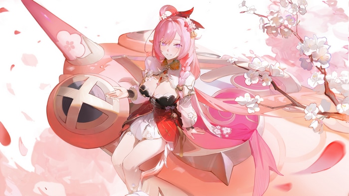 Elysia with pink hair and cherry blossoms