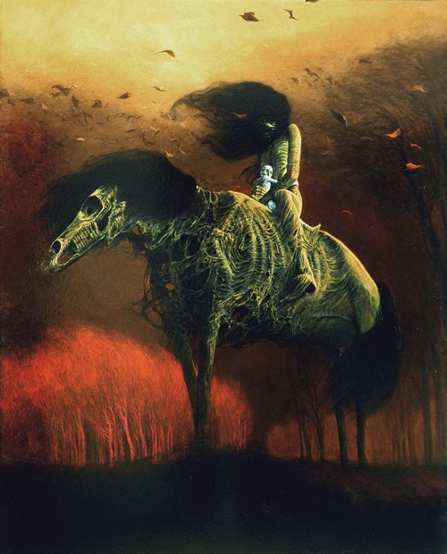 Skeleton horse with rider in a dark forest