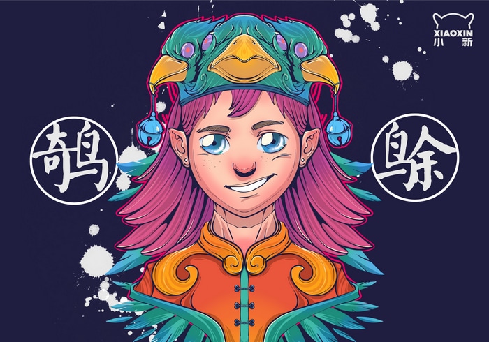Girl with bird headdress and Chinese characters