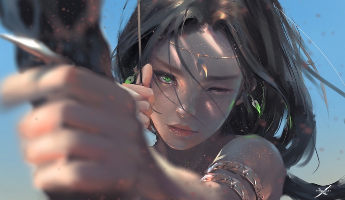 Girl with bow and arrow, green eyes, freckles