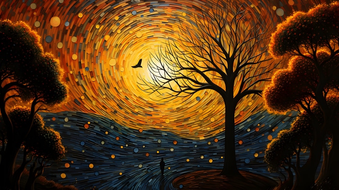 4K landscape with sun, birds, silhouette, and trees