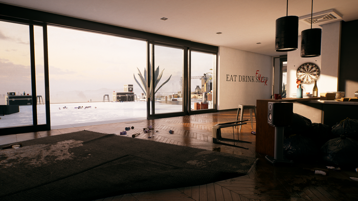 Dead Island 2 interior with a bar and trash