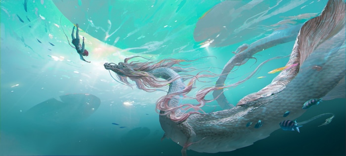 4K Chinese dragon and girl underwater