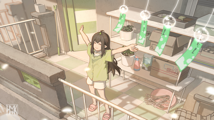4K Yun Xi smiling in sunlight with wind chimes