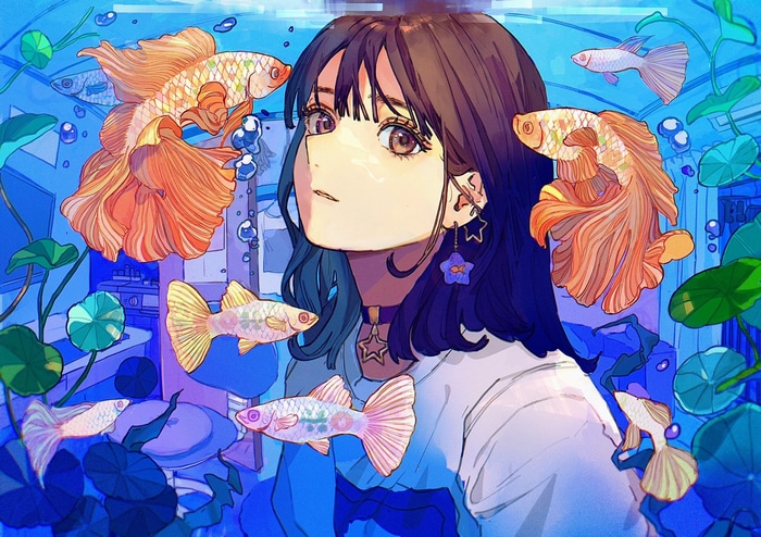 Girl with goldfish in an aquarium