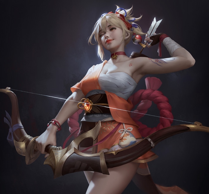 Yoimiya from Genshin Impact with bow and arrow