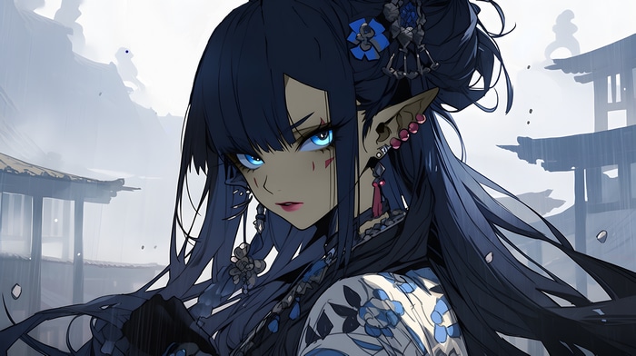 4K Anime Girl with Pointy Ears and Blue Hair