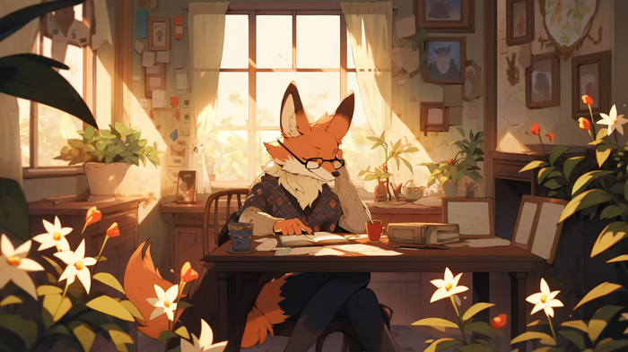 Anthropomorphic fox reading in a sunlit room