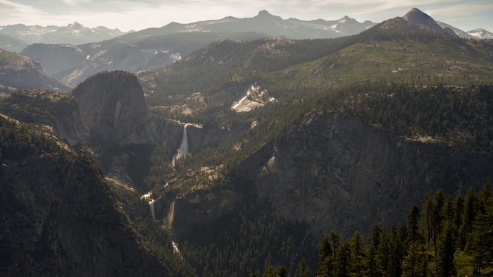 Yosemite National Park landscape with waterfalls and mountains
