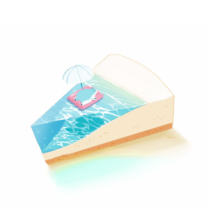 Slice of cheesecake with a pool and a seal