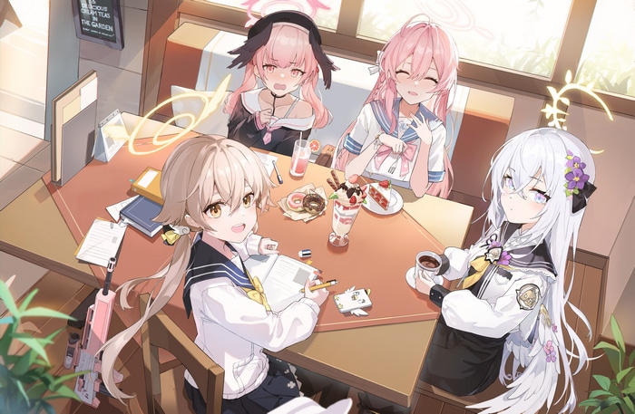 Blue Archive Girls Studying and Eating Sweets at a Cafe