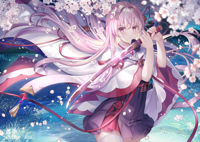 Girl with pink hair holding a sword near cherry blossoms