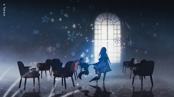 Girl in a dress standing near chairs by a window