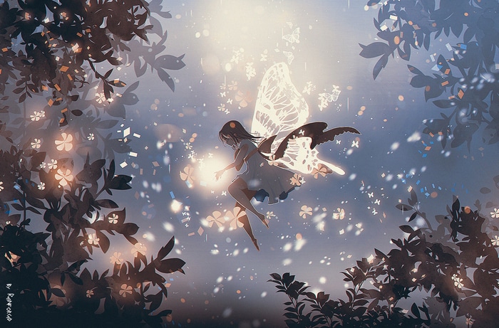 Fairy with butterfly wings in a magical forest