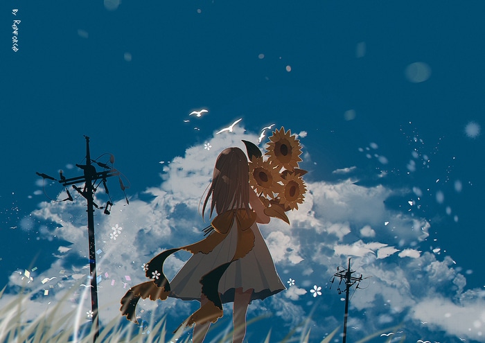 Girl holding sunflowers under a cloudy sky