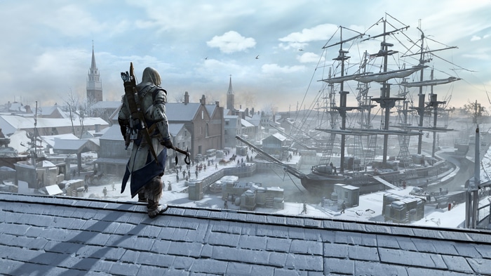 Connor Kenway overlooking a snowy harbor in Assassin's Creed III