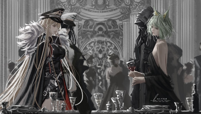 Azur Lane Bismarck and Arknights Kal'tsit at a formal event