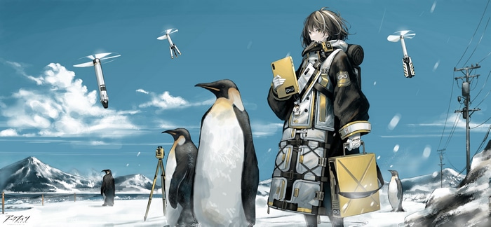 Arknights Magallan in a snowy landscape with penguins