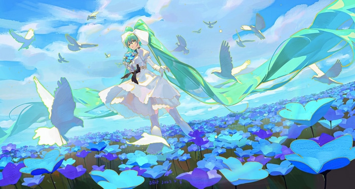 Hatsune Miku in a field of blue flowers with birds
