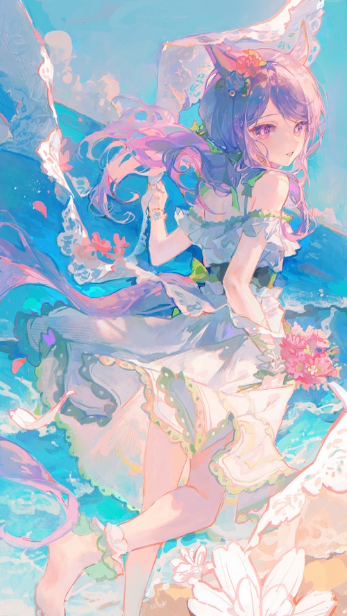 Keqing from Genshin Impact on a beach with flowers