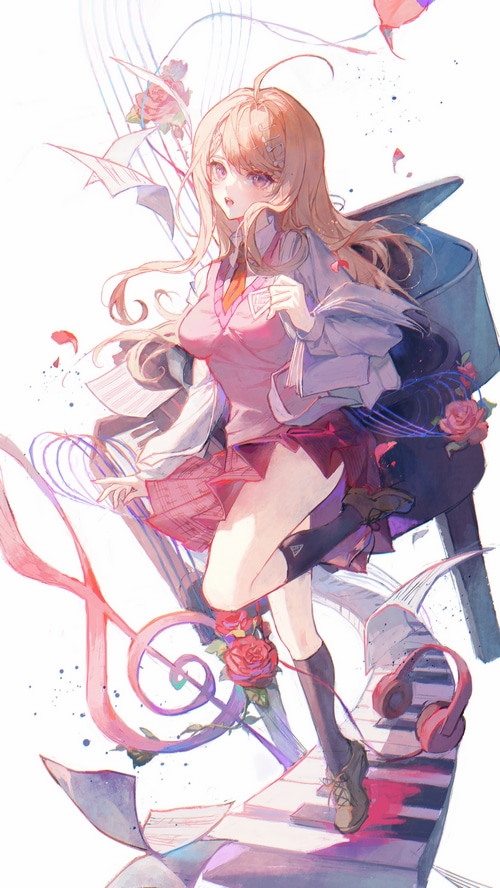 Danganronpa Schoolgirl with Musical Notes and Roses