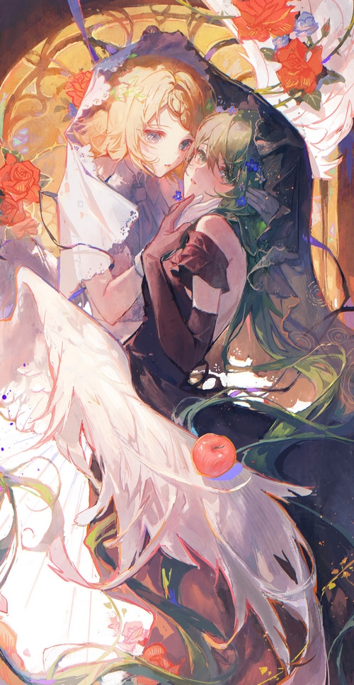 Kagamine Rin and Hatsune Miku with flowers and wings