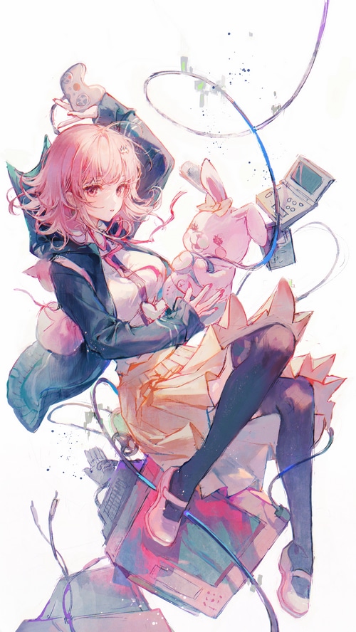Chiaki Nanami with a Monomi plush and gaming equipment