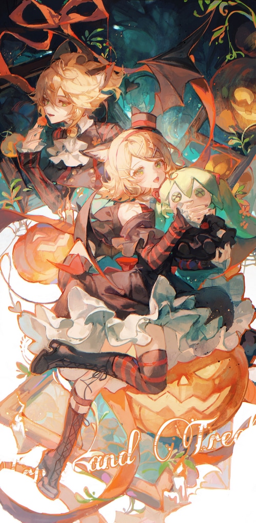 Halloween illustration with Kagamine Rin and Hatsune Miku
