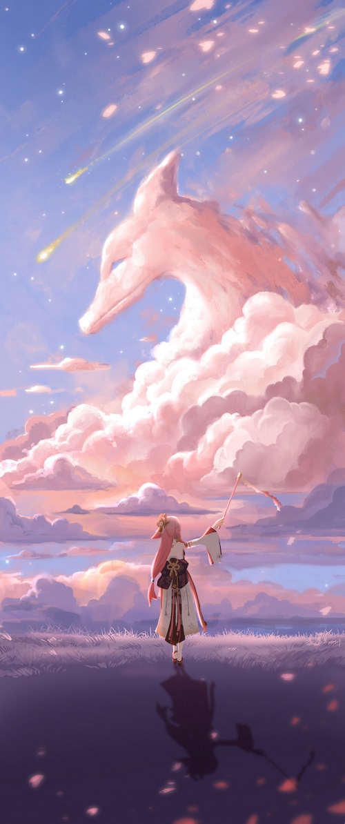 Yae Miko and a fox-shaped cloud in Genshin Impact