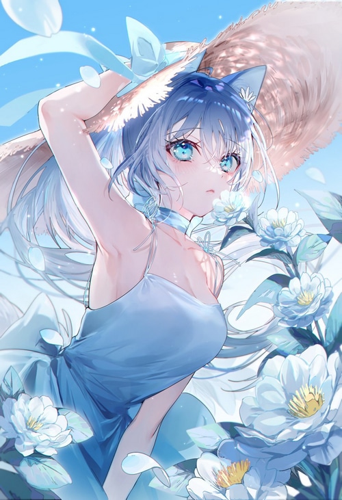 Cat girl in a blue dress with flowers