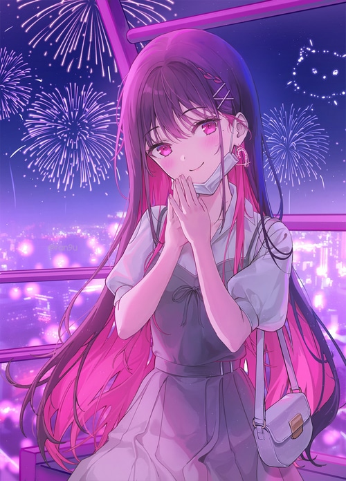 Anime girl with pink hair watching fireworks over city