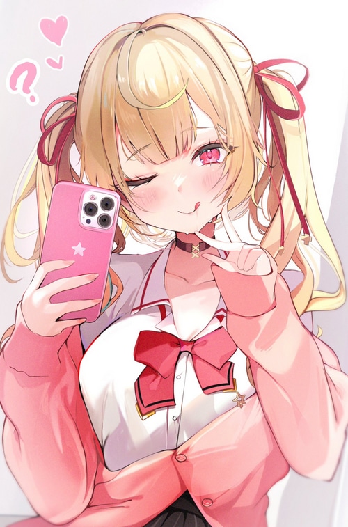 Anime girl with blonde twintails taking a selfie