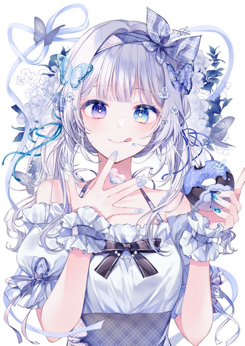 Anime girl with butterflies and a donut