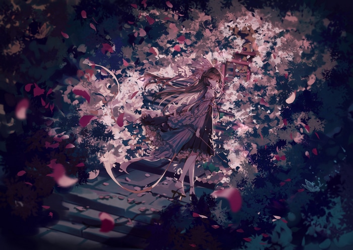Girl standing on stairs with petals and torii