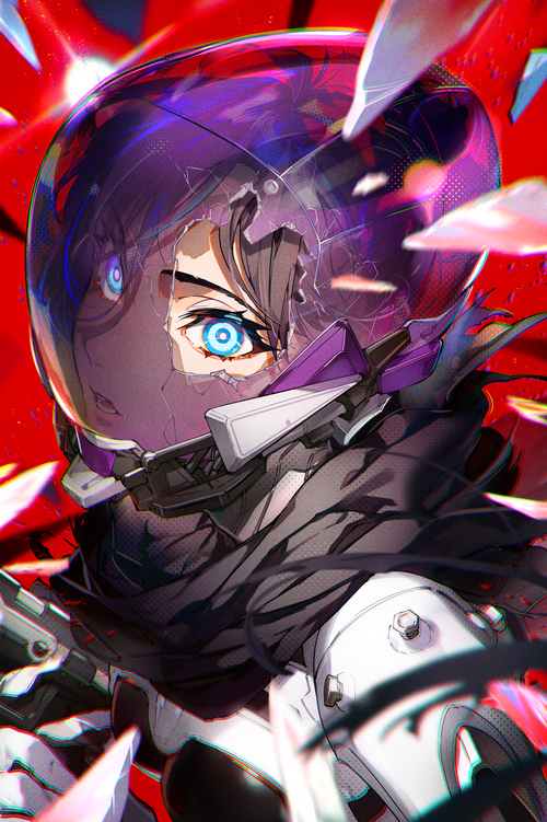 Woman in broken helmet with glowing blue eyes