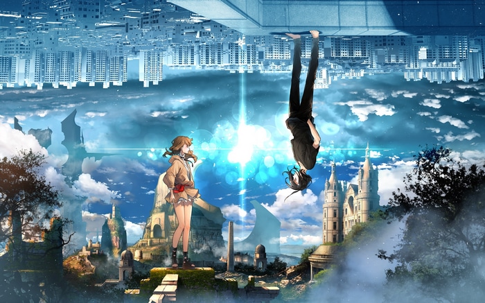 Anime couple in a surreal sky with floating cities and castles