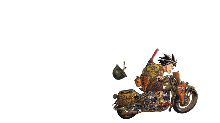 Son Goku riding a motorcycle with a weapon